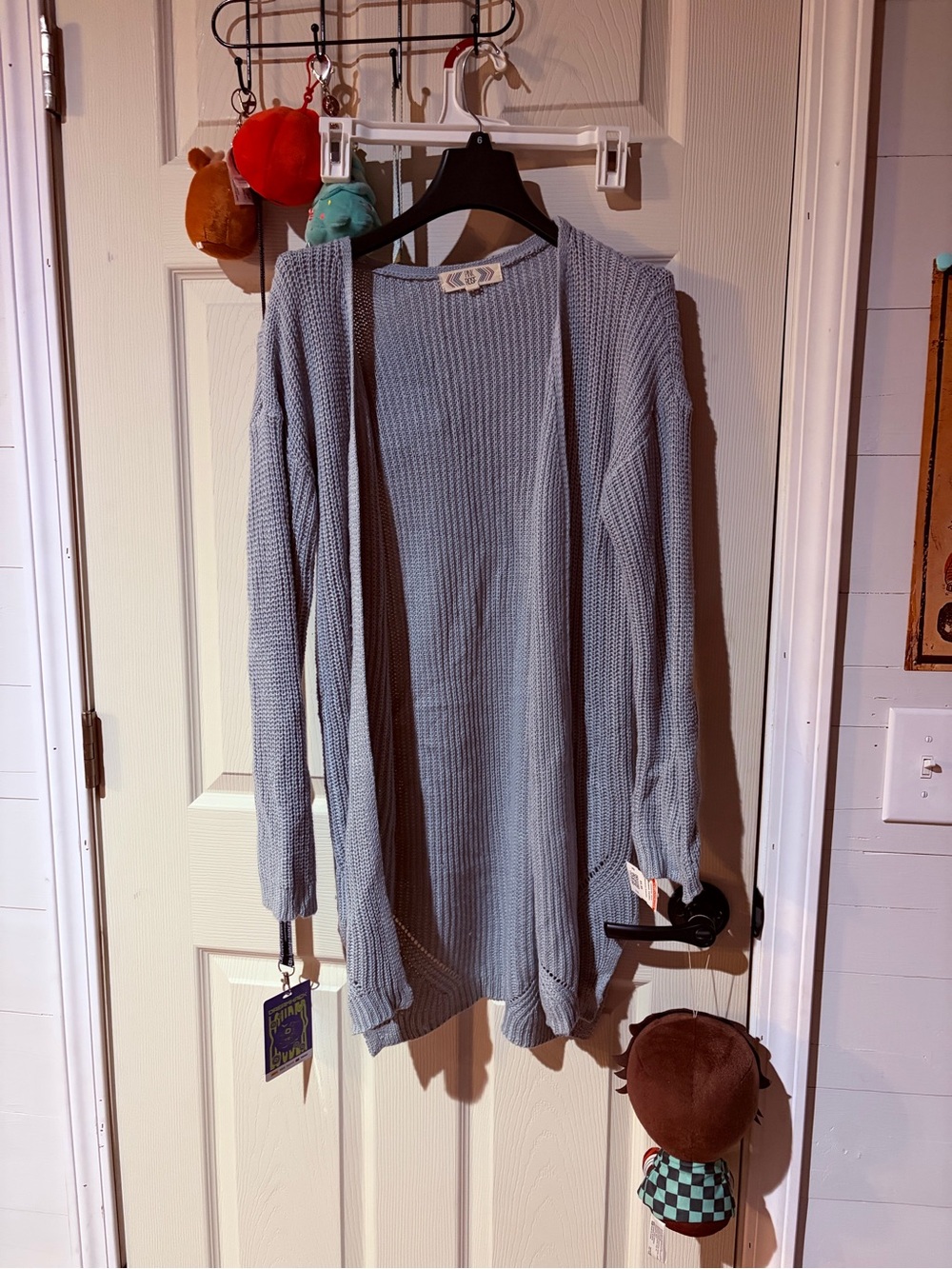 Pink Rose Light Blue Open-Front Waffle Knit Cardigan
